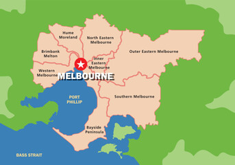 Obraz premium Melbourne city map with suburbs and regions, vector illustration