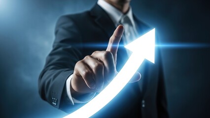A businessman in a suit points at a glowing white arrow moving upwards, symbolizing growth, success, and future progress in a professional context.