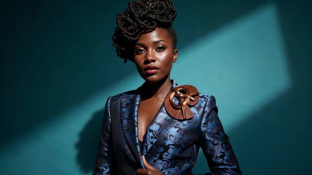 Stylish Black woman with a modern updo hairstyle poses in a blue brocade blazer. Elegant fashion and beauty portrait with dramatic studio lighting