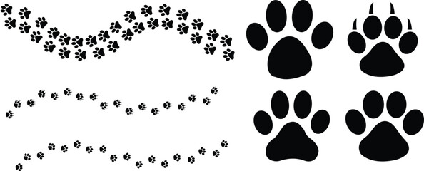 Paw print of dog, cat walk foot print, puppy pet footprint. silhouette animal diagonal tracks for t-shirts. Seamless texture pattern