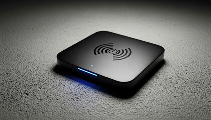 Wireless charger charging power technology electronic gadget black device led light. Modern induction battery energy station on dark concrete stone surface for smart digital lifestyle equipment.