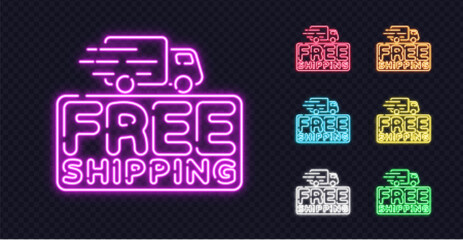 A multicolor set of neon free shipping signs shines with vivid light and adds an energetic mood. Bright tones and clear shapes create a stylish modern look.