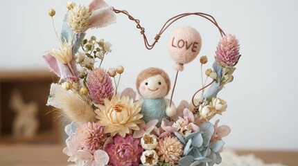 Heartfelt love display with handmade doll surrounded by dried flowers home decor indoor setting close-up view artisanal concept for romantic decor inspiration