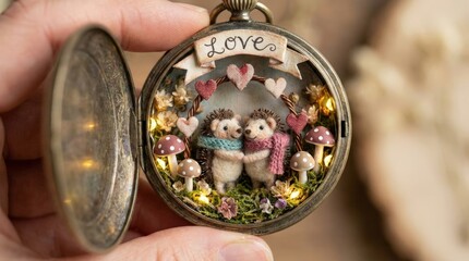 Charming love display with hedgehogs in vintage pocket watch home decor whimsical environment close-up viewpoint heartwarming concept for gift ideas
