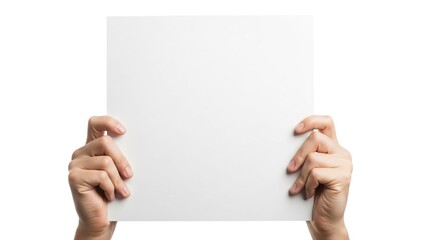 Close-up of two hands holding a blank white rectangular paper sheet against a clean white background, ready for text or design.