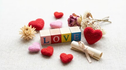 Love-themed decor with colorful blocks heart shapes and dried flowers on a soft background romantic atmosphere for celebrations close-up view creative concept for special occasions