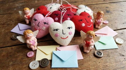 Charming valentine's day decorations with cute angels heartfelt crafts cozy home environment colorful felt hearts whimsical viewpoint love concept for celebrating affection