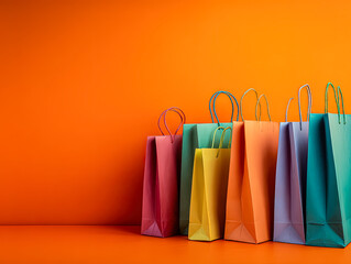 A collection of shopping bags in various sizes and colors arranged against a bright orange backdrop, perfect for retail and shopping themes.