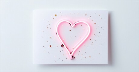 Pink neon heart shape over white surface. Small gold stars scattered around, creating romantic visual. Simple, modern aesthetic.