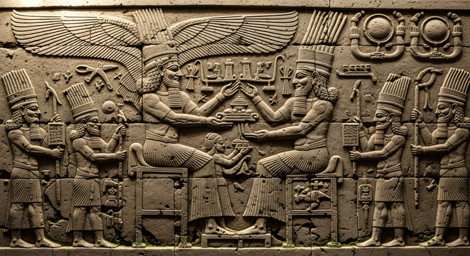 Stone relief carvings from ancient Mesopotamian civilizations depict two winged gods holding pine cones on either side of the sacred Tree of Life.