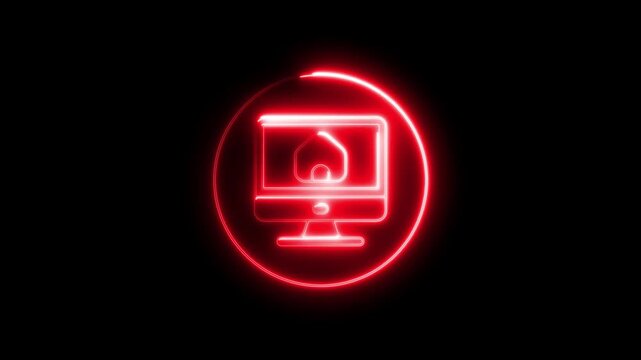 Neon Red Computer Monitor with House in Circle Arrow on Black Background for Real Estate Technology and Online Home Search Concepts