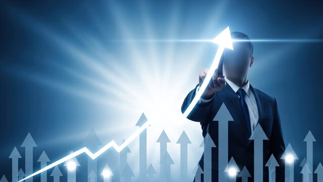 Businessman pointing at a glowing upward arrow on a financial graph, symbolizing growth, success, and future achievement. - Powered by Adobe