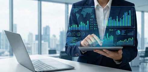 Innovative finance and investment solutions integrating data analytics and AI technology to boost business growth, refine strategy, Businessman analyzing financial data on smartphone dashboard.