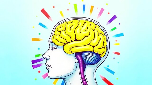 A video showcasing a creative illustration of a human heads with colorful brains, where the colors inside the brains are dynamically moving, and the background colors are also in motion.