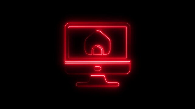 Neon Red Computer Monitor with House on Screen Modern Technology and Real Estate Concept