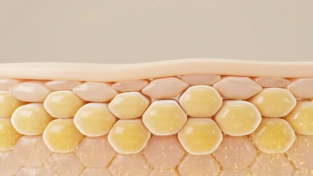 Microscopic View of Skin Layers with Radiant Golden Particles, Abstracted Cellular Structures Depicting Skincare Benefits