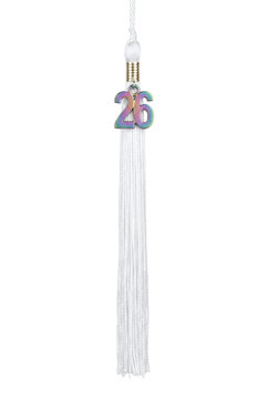 White graduation tassel with iridescent 2026 year charm