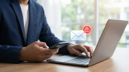 Email hacked warning alert notification, junk mail, scam malware spreading virus on message alert virtual on smartphone. potential cybersecurity threats and warnings.