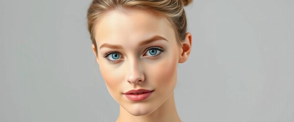 Youthful subject, blue-eyed with natural makeup, hair in a bun, direct gaze, isolated on grey with copy space for beauty, skincare, style,  healthy skin,  serene