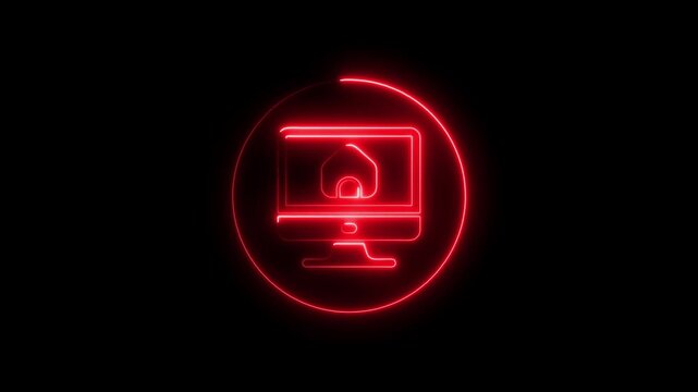 Neon Red Computer Monitor with House Symbol and Refresh Arrow on Black Background for Technology and Real Estate Concepts