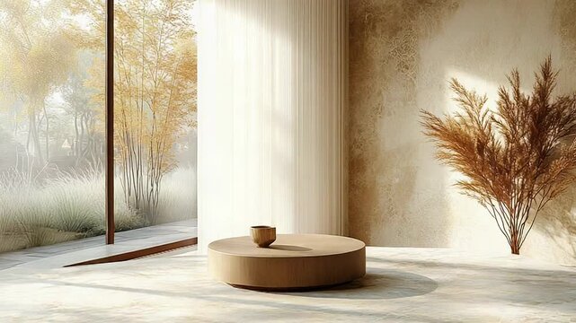 Minimalist interior design showcasing a serene living space with a round low table, dried pampas grass, and a large window offering an autumn view, all bathed in soft morning light