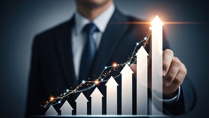 Businessman touching a glowing bar graph showing upward trend and growth, symbolizing success and financial progress.