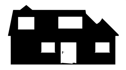 Modern flat vector house illustration with a monochrome palette featuring a sleek black exterior, crisp white windows, and a white door, all perfectly symmetrical in layout, with subtle minimal shadow