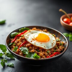 Pad Kra Pao with minced meat, basil, chili, and fried egg,  basil, thai food