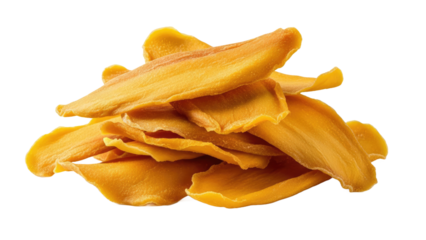 Dried Mango Slices Pile of Crispy Translucent Golden Minimalist White Background Stock Photography.png