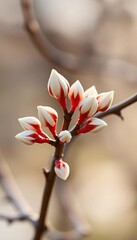 Delicate pale buds unfurl on a bare branch, kissed by gentle morning light, hinting at coming blossoms,  delicate,  pale