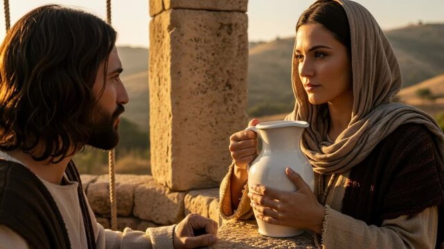 Cinematic close-up of Jesus Christ talking gently to a Samaritan woman who is holding a white ceramic jar at an ancient stone well, sunny day, biblical story