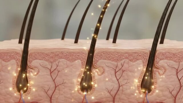 Cross-section of human skin revealing hair follicles and nourishing particles, Detailed anatomical view of hair growth cycle within dermal layers