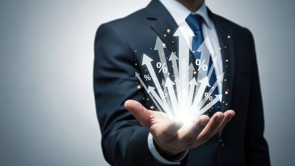 A businessman in a suit holds out his hand, from which glowing arrows with percentage signs shoot upwards, symbolizing growth and success.