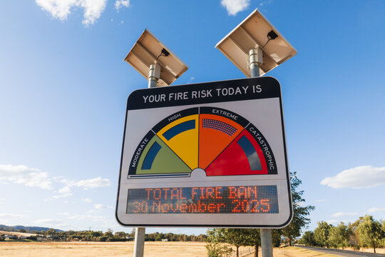 Extreme fire danger risk warning sign beside rural road in November 2025