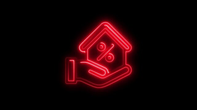 Red neon house with percentage sign and hand holding money, symbolizing affordable housing, mortgage rates, and financial savings