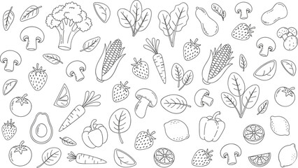 Hand drawn collection of vegetable and fruit line art icons including broccoli carrots strawberries mushrooms and leafy greens.