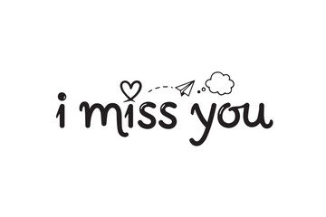 I miss you text with heart and paper airplane, vector illustration on transparent background