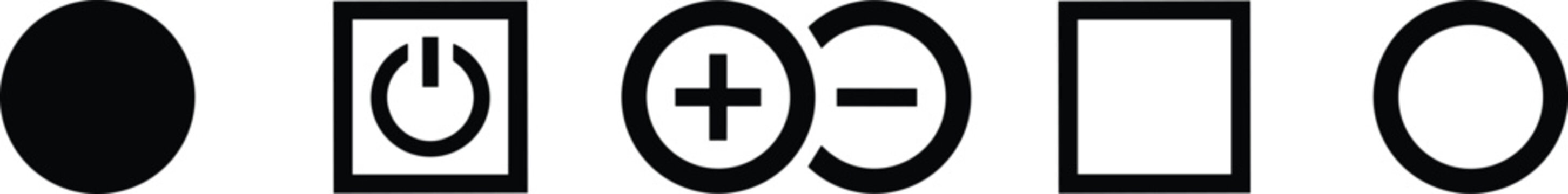 Set of minimalist black icons featuring power button plus and minus symbols and geometric shapes for interface control.