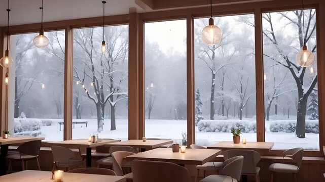 外で雪が舞い、ガラス越しにカフェ風の暖色ライトが柔らかく反射する。
室内は清潔で無人物、冬らしい中立で落ち着いたムードが漂う。
屋内には雪がなく、屋外と屋内の対比が心地よい季節感を生む。