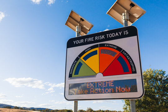 Extreme fire danger risk warning sign advising total fire ban in rural New South Wales