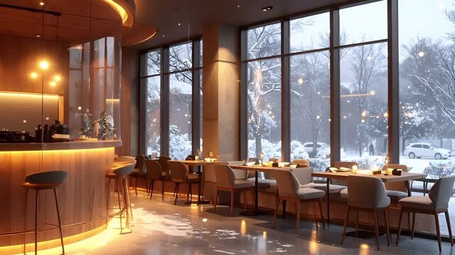 外で雪が舞い、ガラス越しにカフェ風の暖色ライトが柔らかく反射する。
室内は清潔で無人物、冬らしい中立で落ち着いたムードが漂う。
屋内には雪がなく、屋外と屋内の対比が心地よい季節感を生む。