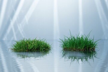 Two vibrant green grass patches floating on calm water with reflections nature