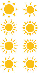 Yellow sun icons. Sunset icon collection. Yellow sun star icons. Yellow simple sun, hot summer weather symbol.