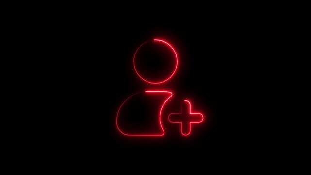 Neon Red User Plus Sign Glowing Symbol on Black Background for User Interface