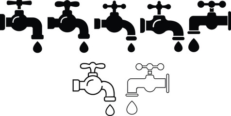 Faucet icons set. Water tap collection. Bathroom faucet symbol flat and line style - stock vector.