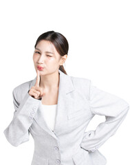 Portrait of playful young asian businesswoman standing and making shh gesture and winking isolated on transparent background, or young female employee happy for occupation concept.