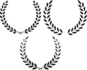 Set black silhouette circular laurel foliate, wheat and oak wreaths depicting an award, achievement, heraldry, nobility . Group Emblem floral Greek branch flat