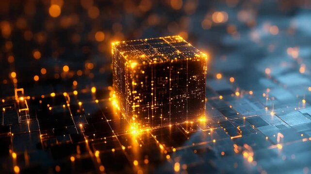 Glowing digital cube connecting with abstract circuit board lines, symbolizing data flow, cybersecurity, quantum computing, and artificial intelligence concepts in modern technology