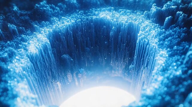 Blue quantum vortex forming an abstract digital tunnel of glowing particles and energy streams, symbolizing ai, big data, cloud networks, futuristic tech and virtual connectivity