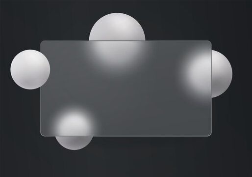 Dark abstract background with a translucent glass banner and white floating spheres, minimalist geometric